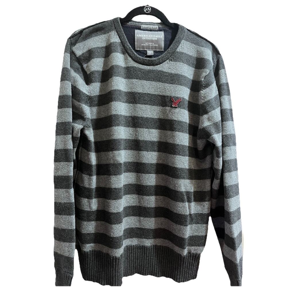 American Eagle Sweater Men's XL Gray Striped Heavy Knit Ribbed Crewneck Y2K